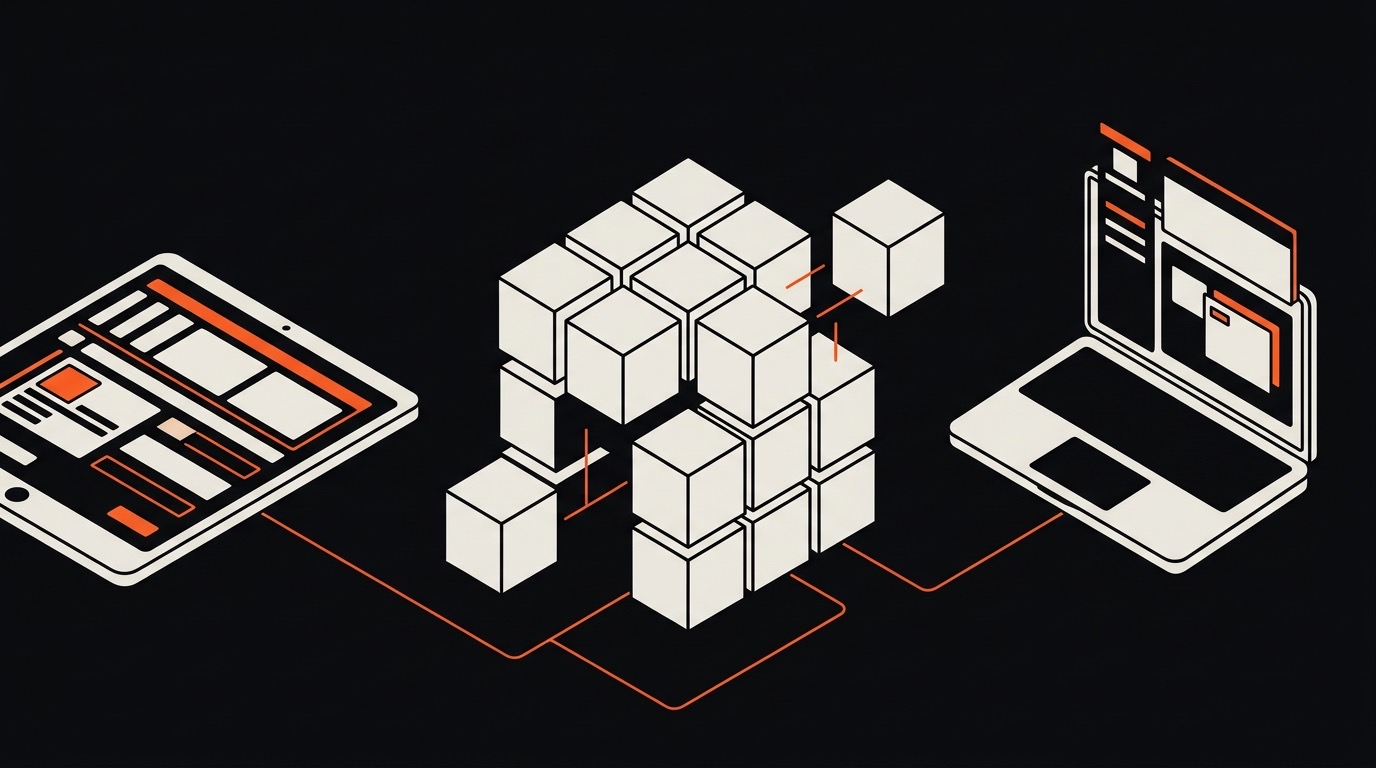 Cubes blancs assemblés en bloc au centre, reliés par des lignes orange à une tablette et à un ordinateur portable sur fond noir