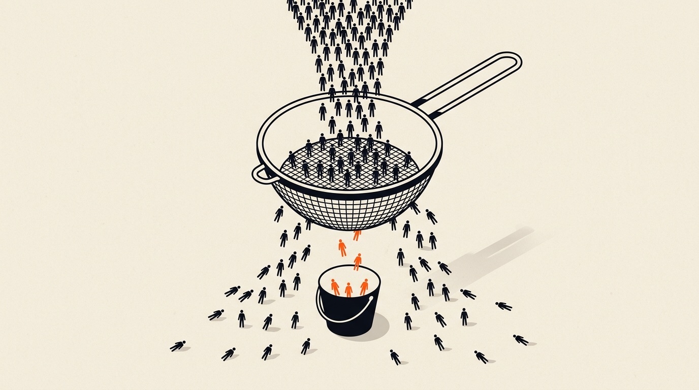 Illustration isométrique d'une passoire au-dessus d'un seau : une foule de silhouettes y tombe, la plupart passent à travers, quelques-unes en orange atterrissent dans le seau